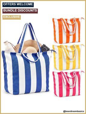 XL Striped Canvas Beach Tote Bag Waterproof Sandproof with Zipper Weekender